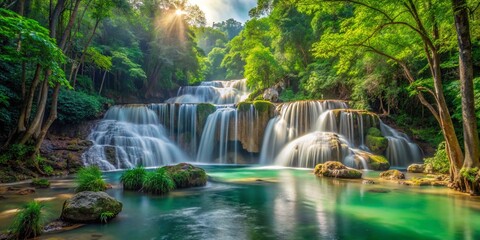 Fototapeta premium Panoramic view of a stunning deep forest waterfall in Thailand, waterfall, forest, Thailand, nature, serene, lush 