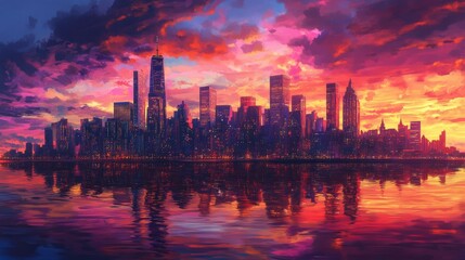 Fototapeta premium Sunset over a bustling city skyline, the vibrant colors mirrored in the water below, creating a perfect urban scene.