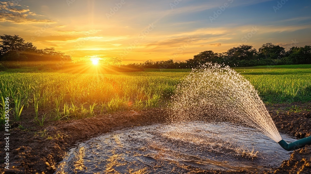 Poster sunset over a field with water flowing from a hose, creating a perfect image of nourishment and the 