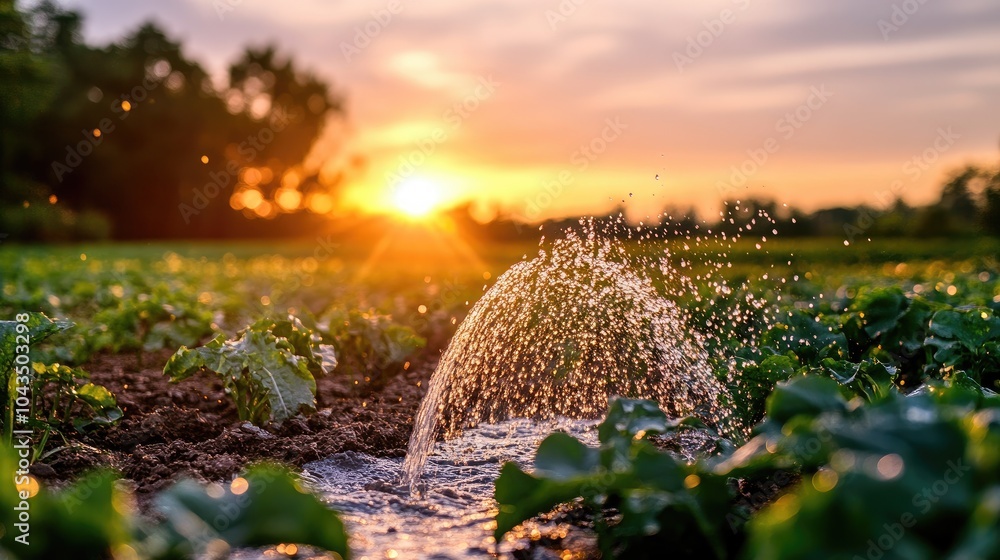 Aufkleber sunset over a field with water flowing from a hose, creating a perfect image of nourishment and the 