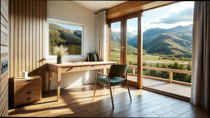 Obraz premium Minimalist home office with a scenic mountain view and bright ambiance, cozy atmosphere, copy space