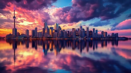 Fototapeta premium Sunset over a bustling city skyline, the vibrant colors mirrored in the water below, creating a perfect urban scene.