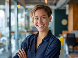 Portrait of a confident LGBTQ businessperson with a tablet, in a professional office setting