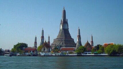 Naklejka premium Majestic Temple by the River in Clear Sky