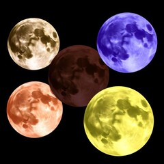 Obraz premium Set of different colors of full moon on black background. Astronomy is mysterious and magical. Shades of the moon.