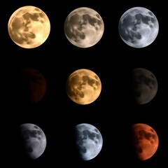 Obraz premium Set of different colors of full moon on black background. Astronomy is mysterious and magical. Shades of the moon.