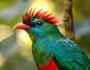 Colorful bird perched on a branch, surrounded by lush greenery
