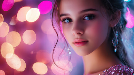 Fototapeta premium close up portrait of young woman with sparkling earrings, showcasing her delicate features against vibrant, colorful bokeh background. image captures sense of elegance and charm