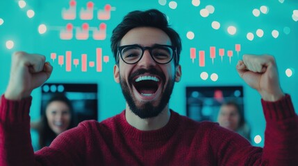 A joyful man in a red sweater celebrates with enthusiasm, surrounded by colorful lights and friends, expressing excitement and victory.