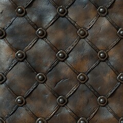 Close-up of quilted leather texture in brown hues featuring button-tufted design.