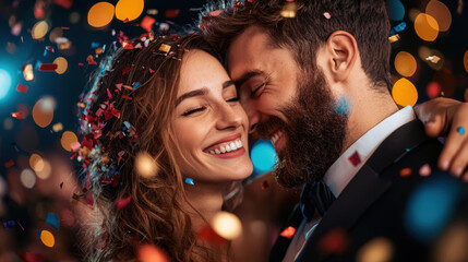 couple sharing playful moment, smiling at camera amidst colorful confetti, radiating joy and love during celebration