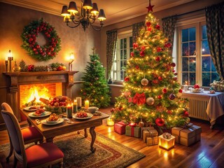 Festive Food Photography with a Large Christmas Tree in a Cozy Home Setting