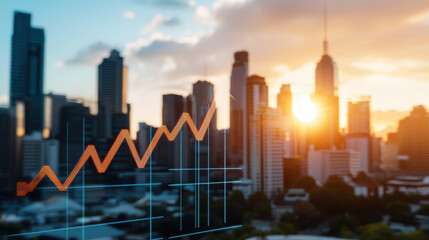 Obraz premium vibrant city skyline with upward trending graphs symbolizes growth and prosperity. sunset casts warm glow over buildings, enhancing dynamic atmosphere of urban development
