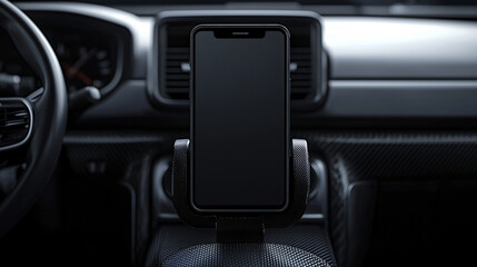 Obraz premium Nighttime Driving Scene Featuring Mounted Smartphone with Blank Screen in Vehicle