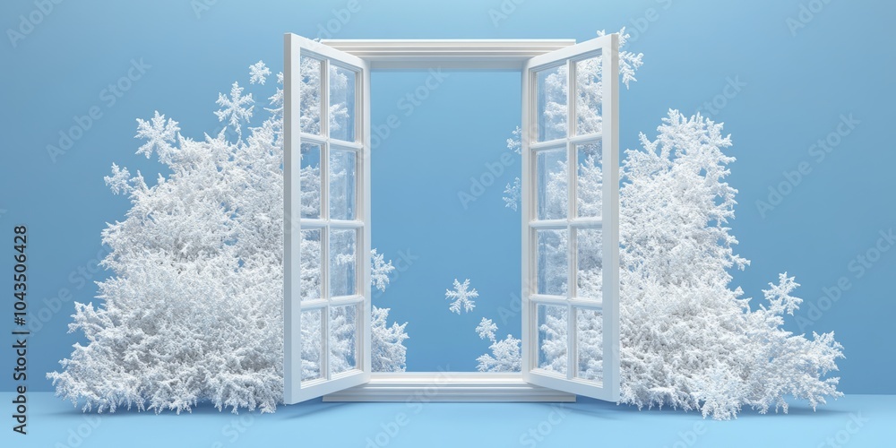 Poster a beautiful 3d representation of a frosty window with snowflakes, creating a winter wonderland effec