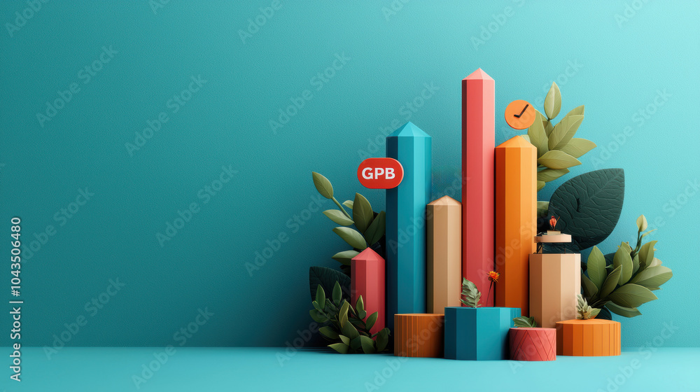Poster abstract representation of economic growth featuring colorful geometric shapes and greenery, symboli
