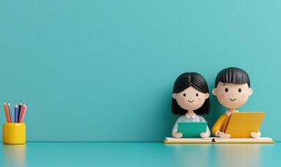 Two cute figures, a boy and a girl, are sitting with laptops against a vibrant turquoise background, alongside a container of colorful pencils.