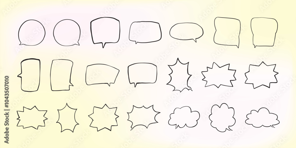 Poster set of simple lines hand drawn speech bubbles in various shapes gradient background. set of simple o