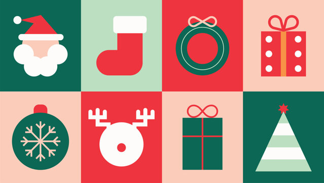 Flat vector style Christmas icons in red, green, and white. Festive vector style includes Santa, gifts, and ornaments. Cute holiday and Christmas icons, including festive vector elements.