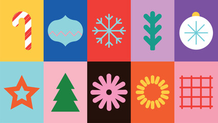 Flat vector style with bold colors, featuring holiday-themed vector icons like candy cane, snowflake, and tree in a flat style. Fun and colorful flat icon, festive holiday and Christmas element set.