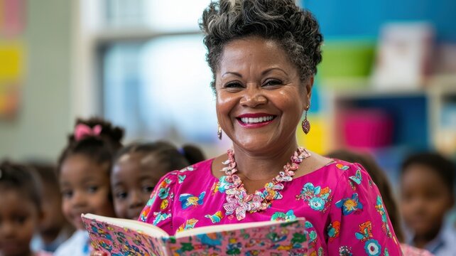 A smiling woman in a colorful outfit reads a book to a group of engaged children in a bright classroom setting.