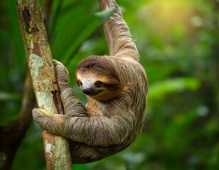 Fototapeta premium Three Toed Sloth in tree in Costa Rica Rainforest