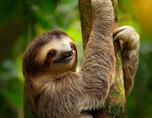 Fototapeta premium Three Toed Sloth in tree in Costa Rica Rainforest