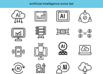 Set of artificial intelligence line icons set. AI technology, digital, brain, web, cloud and more.