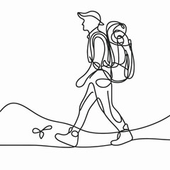 Fototapeta premium Hiker walking with backpack in minimalist line art drawing