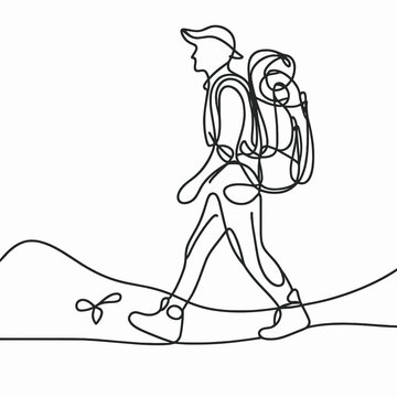 recommend clip art: Hiker walking with backpack in minimalist line art drawing