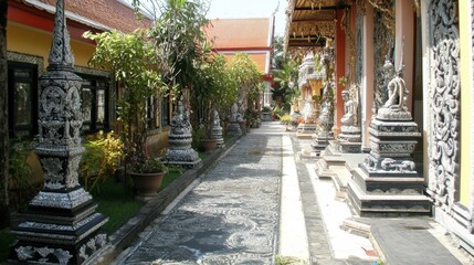 Fototapeta premium Serene Balinese Pathway with Intricate Stone Carvings