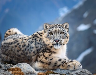 Snow leopard on the rock. Latin name - Uncia uncia 