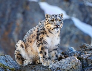 Fototapeta premium Snow leopard on the rock. Latin name - Uncia uncia 
