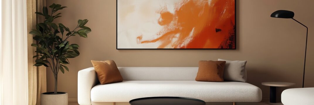 Un salon minimaliste avec une peinture abstraite au mur, dans des tons audacieux orange et beige, avec canap&eacute; blanc, compl&eacute;t&eacute; par deux petites table basse rondes dans des teintes brunes.