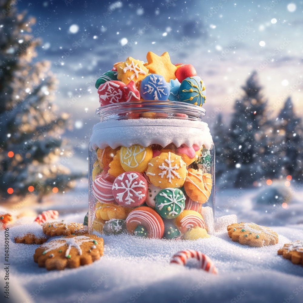 Poster a dynamic 3d rendering of a christmas cookie jar, filled with colorful holiday cookies, isolated on 