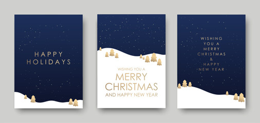 Merry Christmas and Happy New Year greeting card. Christmas trees and snow on blue background. Vector illustration.