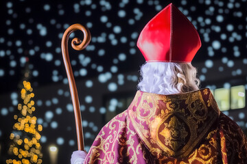 Vue arrière de Saint Nicolas avec crosse dorée dans une ambiance festive