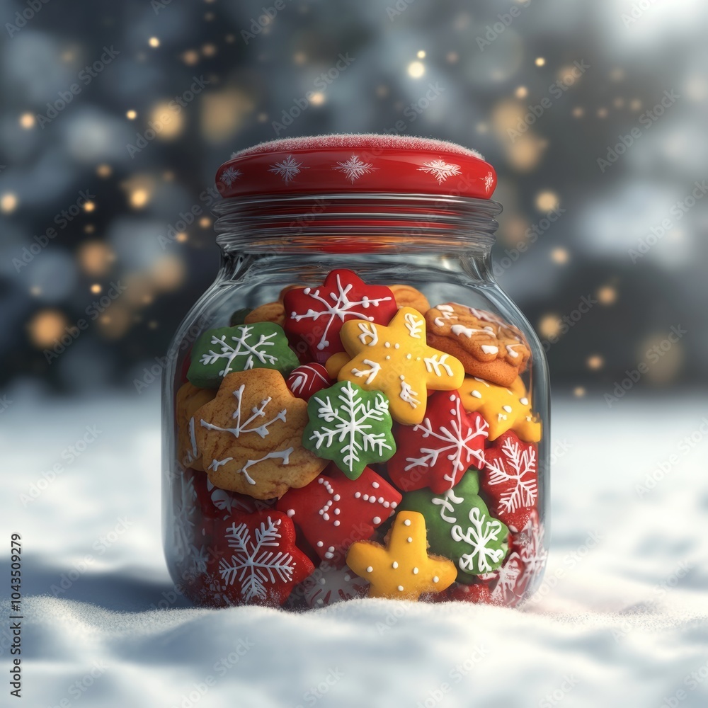 Poster a dynamic 3d rendering of a christmas cookie jar, filled with colorful holiday cookies, isolated on 