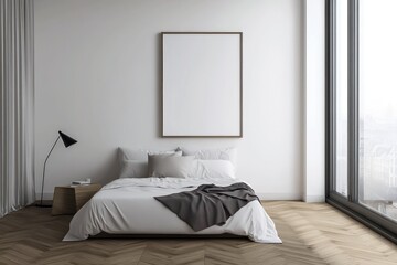 Chambre à coucher moderne avec un lit, un mur blanc et un cadre de poster vide. Design d'un hôtel ou d'un appartement de style scandinave. Chambre minimaliste avec parquet en bois et fenêtre.