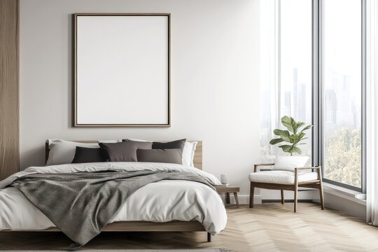 Chambre &agrave; coucher moderne avec un lit, un mur blanc et un cadre de poster vide. Design d'un h&ocirc;tel ou d'un appartement de style scandinave. Chambre minimaliste avec parquet en bois et fen&ecirc;tre.