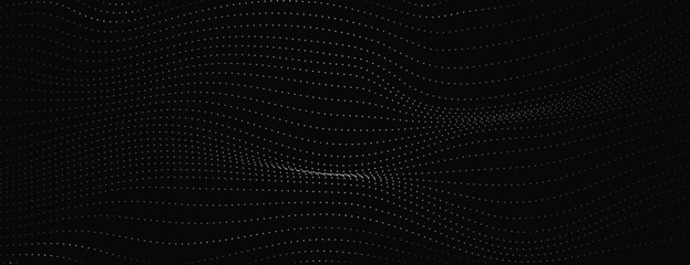 Black background with wavy dotted pattern. Black background with dynamic wavy dots. Minimalist black vector background with wavy digital dots. Technology background. Business background.