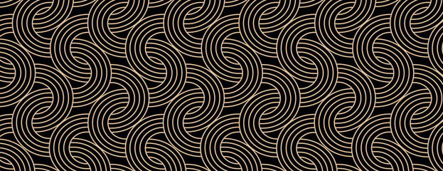 Seamless black background with wavy beige lines. The background a repeating swirl pattern, with beige lines on a black background. Vector. Art deco pattern background. Black background vector.