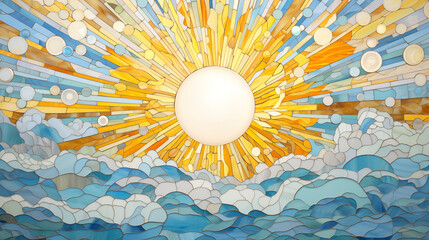 Sunrise Stained Glass with Rays and Clouds