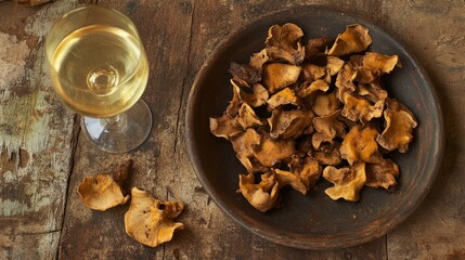 Fototapeta premium Plate of roasted Cantharellus cibarius with a glass of white wine.