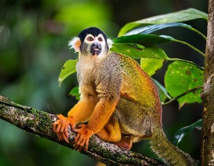 Obraz premium Squirrel monkey, Saimiri oerstedii, sitting on the tree trunk with green leaves, Corcovado NP, Costa Rica. Monkey in the tropic forest vegetation. Wildlife scene from nature. Beautiful cute animal.