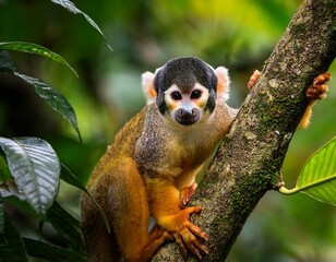 Obraz premium Squirrel monkey, Saimiri oerstedii, sitting on the tree trunk with green leaves, Corcovado NP, Costa Rica. Monkey in the tropic forest vegetation. Wildlife scene from nature. Beautiful cute animal.