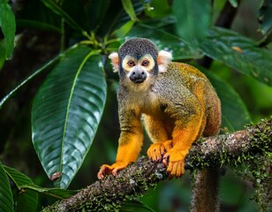 Obraz premium Squirrel monkey, Saimiri oerstedii, sitting on the tree trunk with green leaves, Corcovado NP, Costa Rica. Monkey in the tropic forest vegetation. Wildlife scene from nature. Beautiful cute animal.