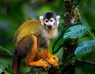 Obraz premium Squirrel monkey, Saimiri oerstedii, sitting on the tree trunk with green leaves, Corcovado NP, Costa Rica. Monkey in the tropic forest vegetation. Wildlife scene from nature. Beautiful cute animal.