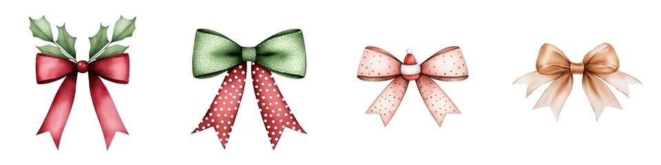 A collection of festive bows in different colors and styles on a white isolated background.