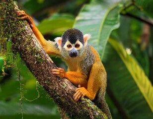 Obraz premium Squirrel monkey, Saimiri oerstedii, sitting on the tree trunk with green leaves, Corcovado NP, Costa Rica. Monkey in the tropic forest vegetation. Wildlife scene from nature. Beautiful cute animal.